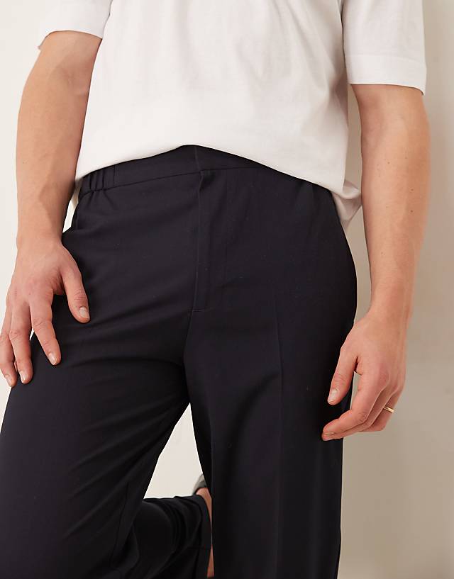 Asos ASOS DESIGN Smart Tapered Fit Chino Trousers With Elasticated Waistband In Navy Microtexture
