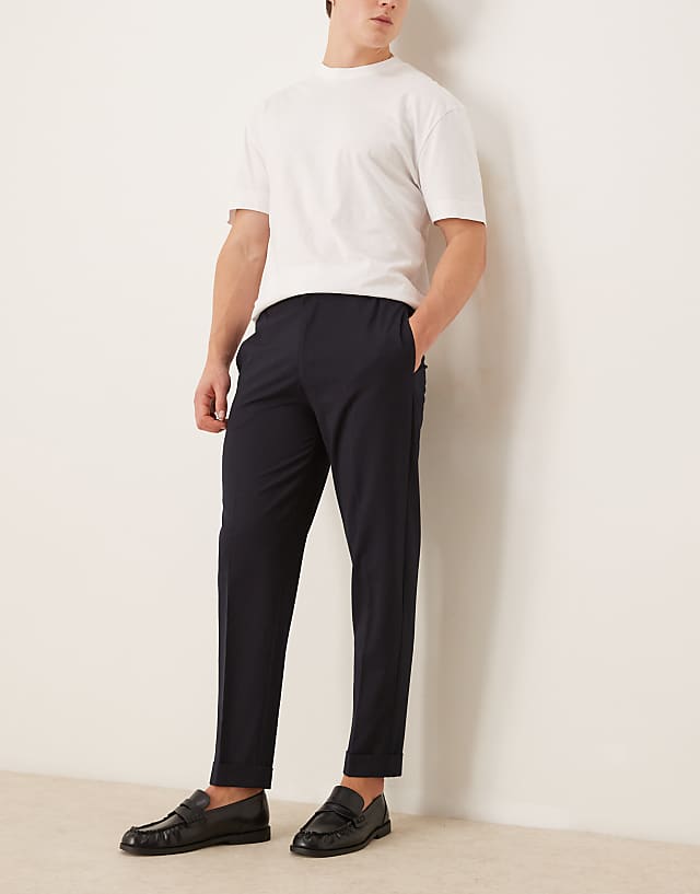 asos ASOS DESIGN smart tapered fit chino trousers with elasticated waistband in navy microtexture