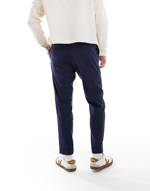 Asos ASOS DESIGN Smart Tapered Fit Linen Blend Trousers In Navy