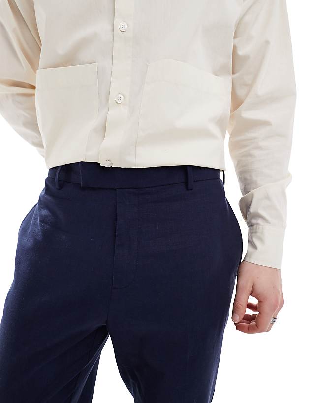 Asos ASOS DESIGN Smart Tapered Fit Linen Blend Trousers In Navy