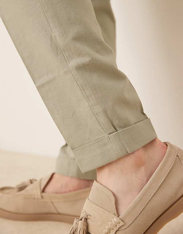 Asos ASOS DESIGN Smart Tapered Fit Linen Blend Trousers In Sage Green With Turnups