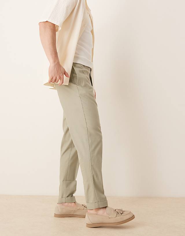 Asos ASOS DESIGN Smart Tapered Fit Linen Blend Trousers In Sage Green With Turnups
