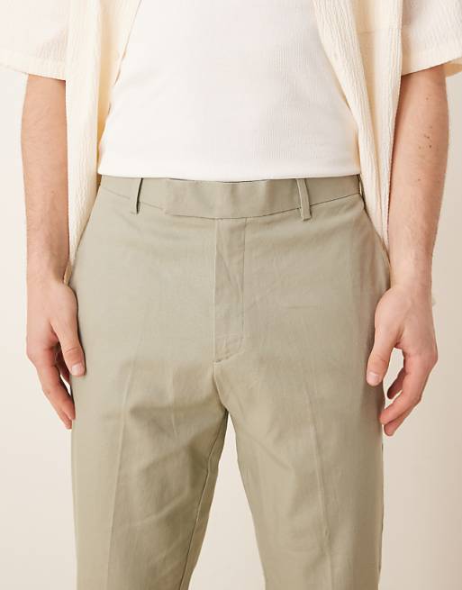 Asos ASOS DESIGN Smart Tapered Fit Linen Blend Trousers In Sage Green With Turnups