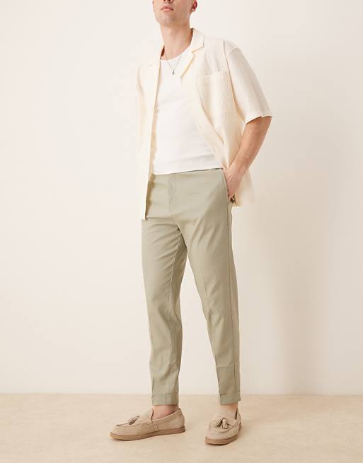 asos ASOS DESIGN smart tapered fit linen blend trousers in sage green with turnups