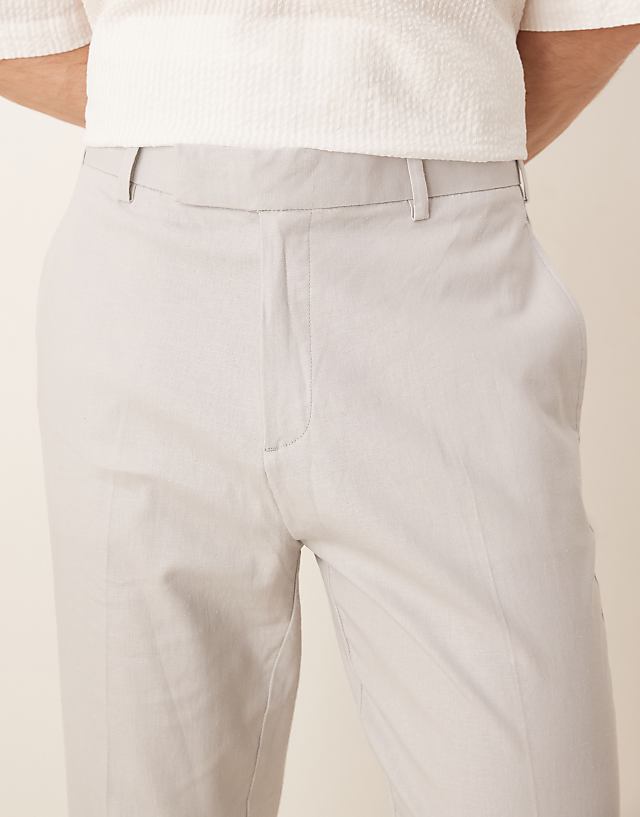 Asos ASOS DESIGN Smart Tapered Fit Linen Blend Trousers In Light Grey With Turnups