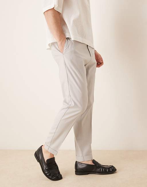 Asos ASOS DESIGN Smart Tapered Fit Linen Blend Trousers In Light Grey With Turnups