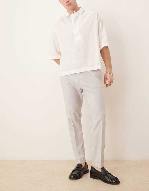 asos ASOS DESIGN smart tapered fit linen blend trousers in light grey with turnups