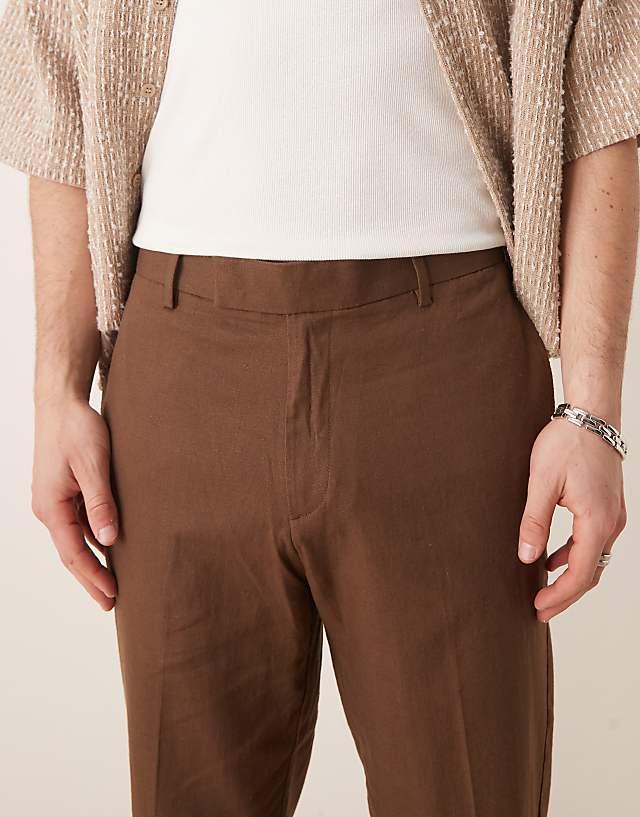 Asos ASOS DESIGN Smart Tapered Fit Linen Blend Trousers In Brown With Turnups