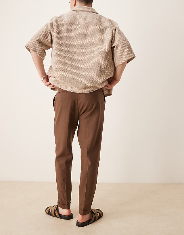 Asos ASOS DESIGN Smart Tapered Fit Linen Blend Trousers In Brown With Turnups