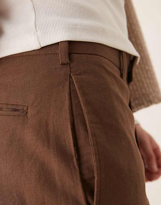 Asos ASOS DESIGN Smart Tapered Fit Linen Blend Trousers In Brown With Turnups