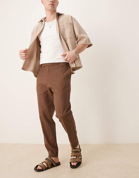 asos ASOS DESIGN smart tapered fit linen blend trousers in brown with turnups