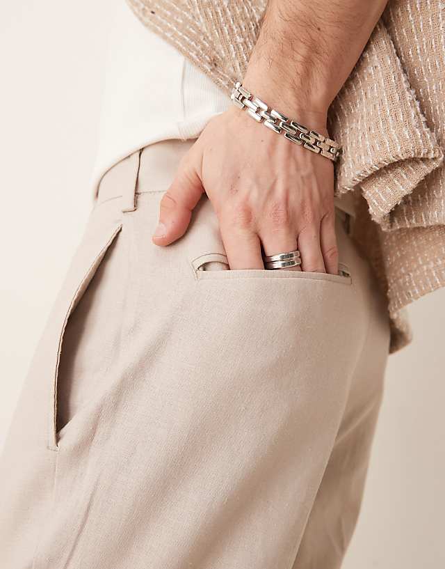 Asos ASOS DESIGN Smart Tapered Fit Linen Blend Trousers In Stone With Turnups