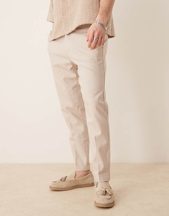 Asos ASOS DESIGN Smart Tapered Fit Linen Blend Trousers In Stone With Turnups