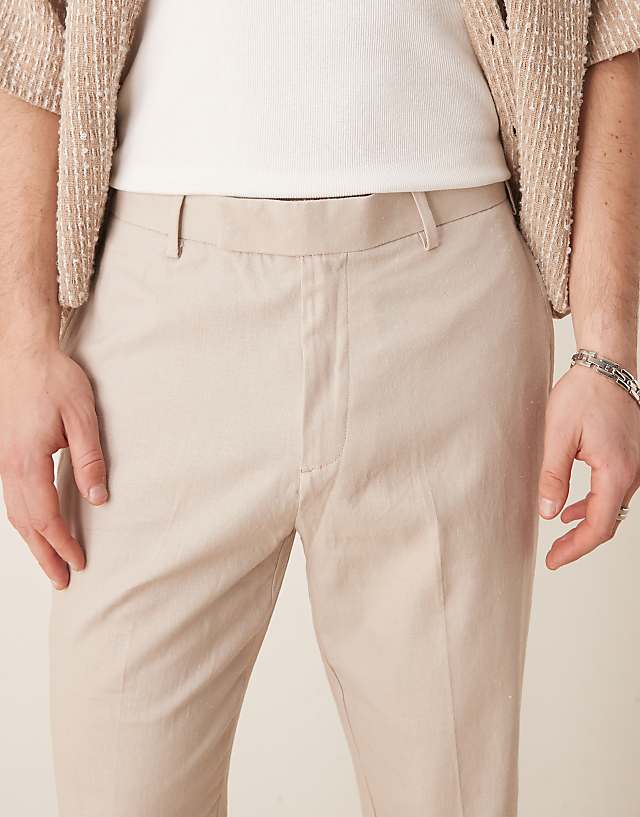 Asos ASOS DESIGN Smart Tapered Fit Linen Blend Trousers In Stone With Turnups