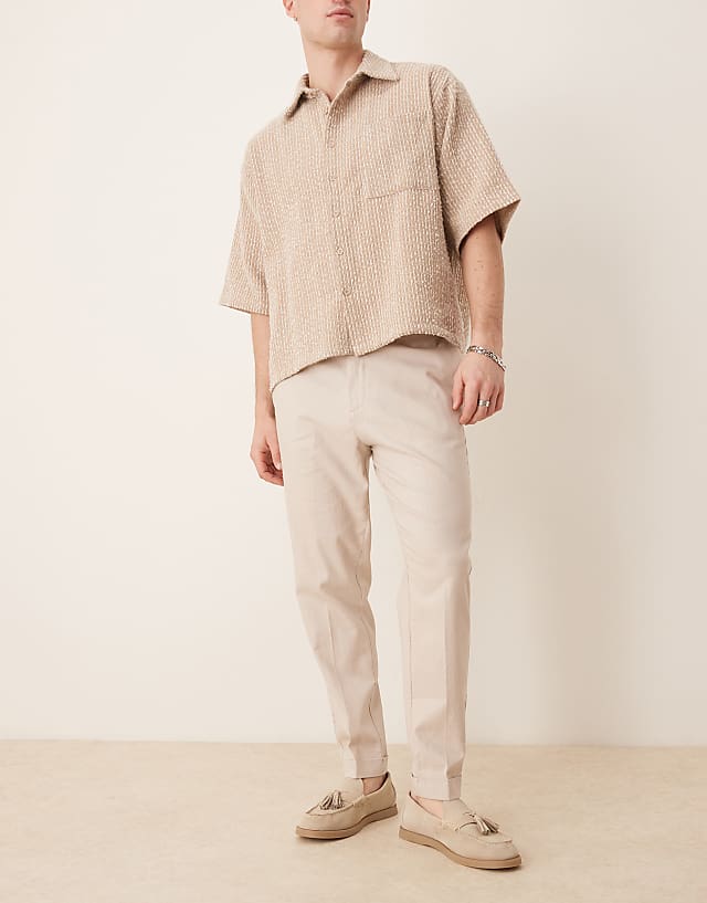 asos ASOS DESIGN smart tapered fit linen blend trousers in stone with turnups