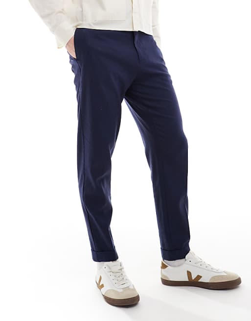 asos ASOS DESIGN smart tapered fit linen blend trousers in navy