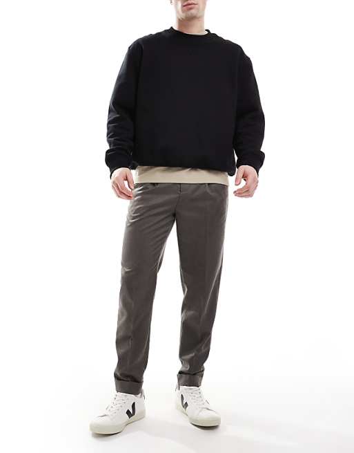 asos ASOS DESIGN smart tapered fit trousers in brown microtexture