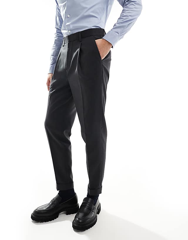 asos ASOS DESIGN smart tapered fit trousers in charcoal microtexture