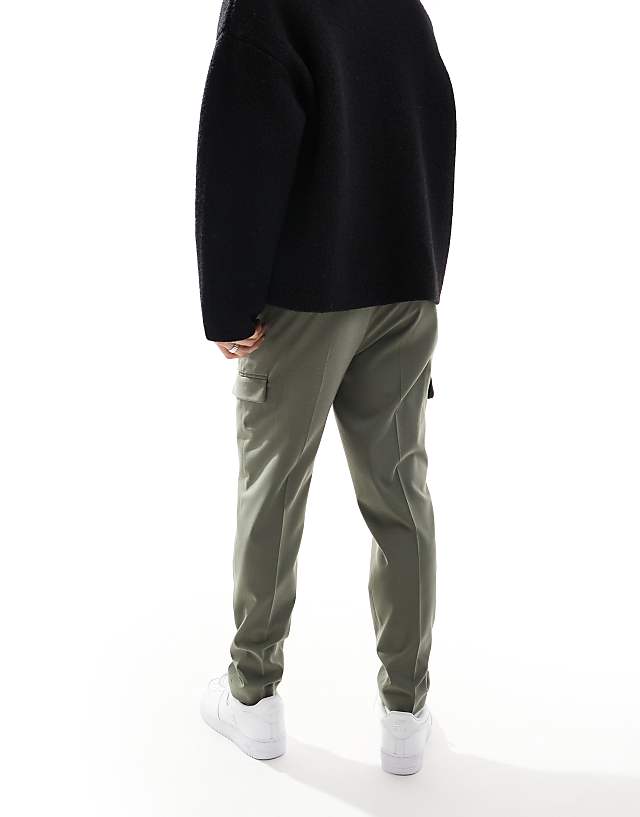 Asos ASOS DESIGN Smart Tapered Fit Trousers With Cargo Pockets In Muted Green