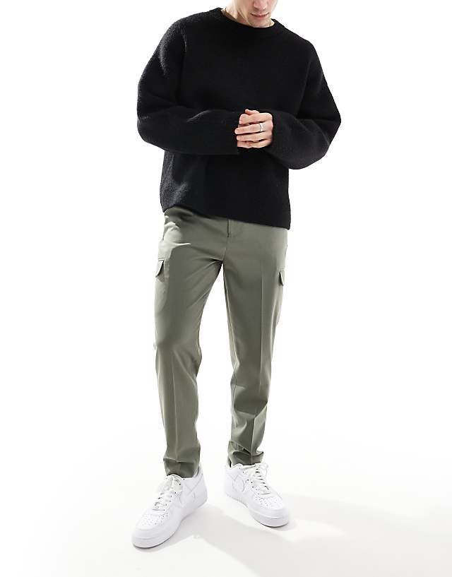 asos ASOS DESIGN smart tapered fit trousers with cargo pockets in muted green