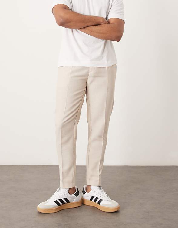 asos ASOS DESIGN smart tapered fit wool mix trousers with front pleat in stone