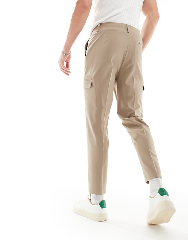 Asos ASOS DESIGN Smart Tapered Trouser With Cargo Pockets In Stone