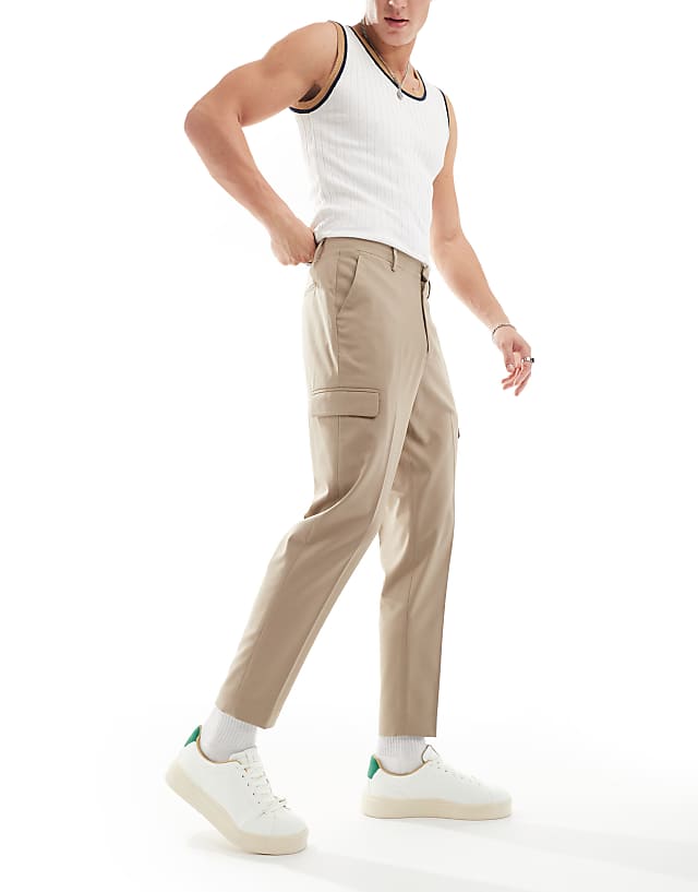 Asos ASOS DESIGN Smart Tapered Trouser With Cargo Pockets In Stone