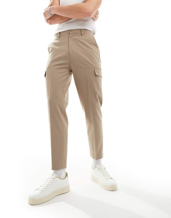 asos ASOS DESIGN smart tapered trouser with cargo pockets in stone