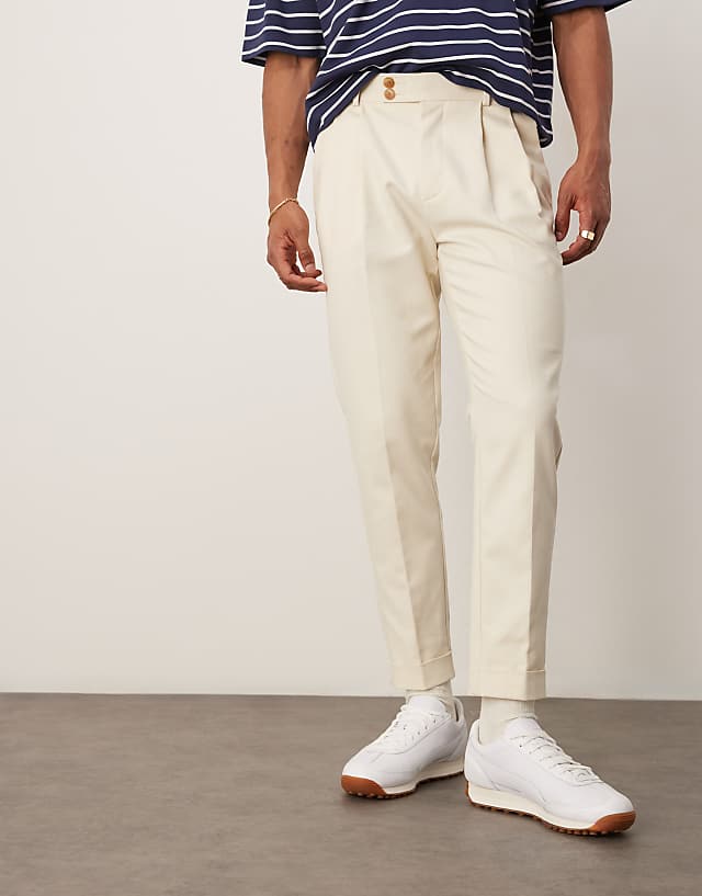 asos ASOS DESIGN smart tapered trousers with exposed button in beige