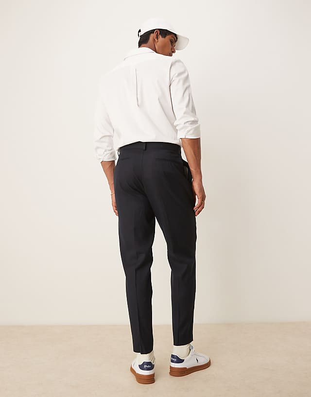 Asos ASOS DESIGN Smart Tapered Trousers With Front Pleat In Navy Microtexture