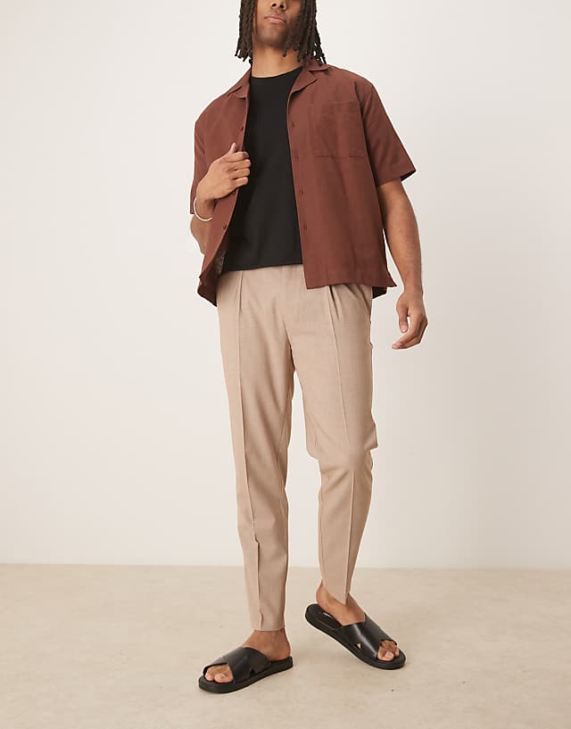 Asos ASOS DESIGN Smart Tapered Trousers With Front Pleat In Stone Melange