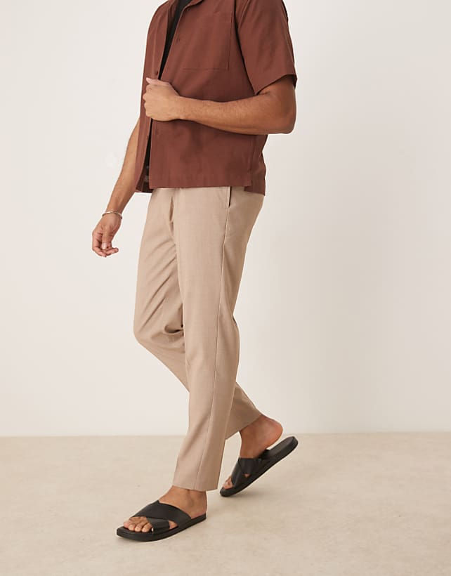 asos ASOS DESIGN smart tapered trousers with front pleat in stone melange