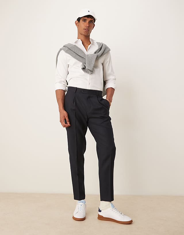asos ASOS DESIGN smart tapered trousers with front pleat in navy microtexture