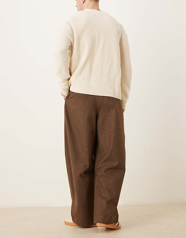 Asos ASOS DESIGN Smart Wide Barrel Leg Fit Trousers With Front Pleats In Brown Brushed Fabric - BROWN