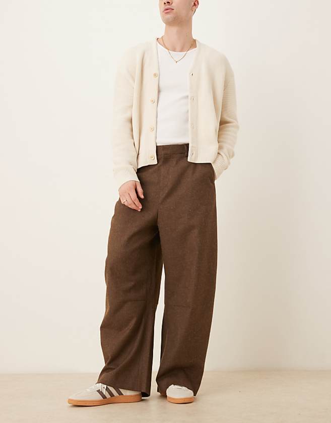 asos ASOS DESIGN smart wide barrel leg fit trousers with front pleats in brown brushed fabric - BROWN