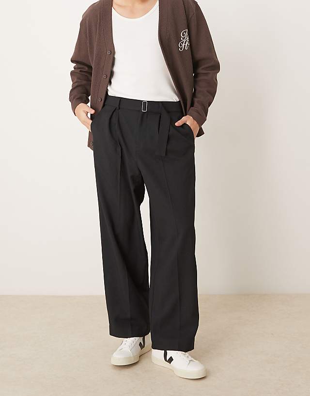 Asos ASOS DESIGN Smart Wide Leg Belted Trouser With Front Pleat In Black