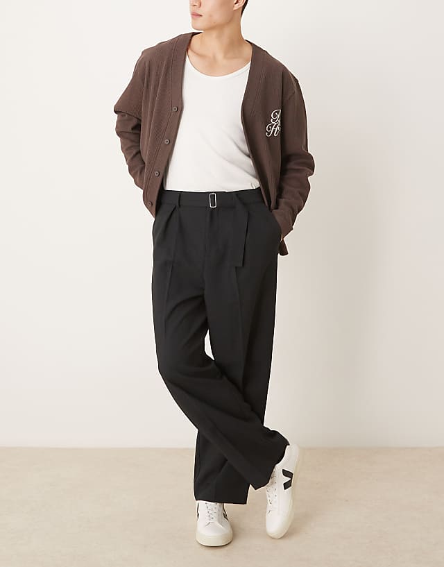 asos ASOS DESIGN smart wide leg belted trouser with front pleat in black