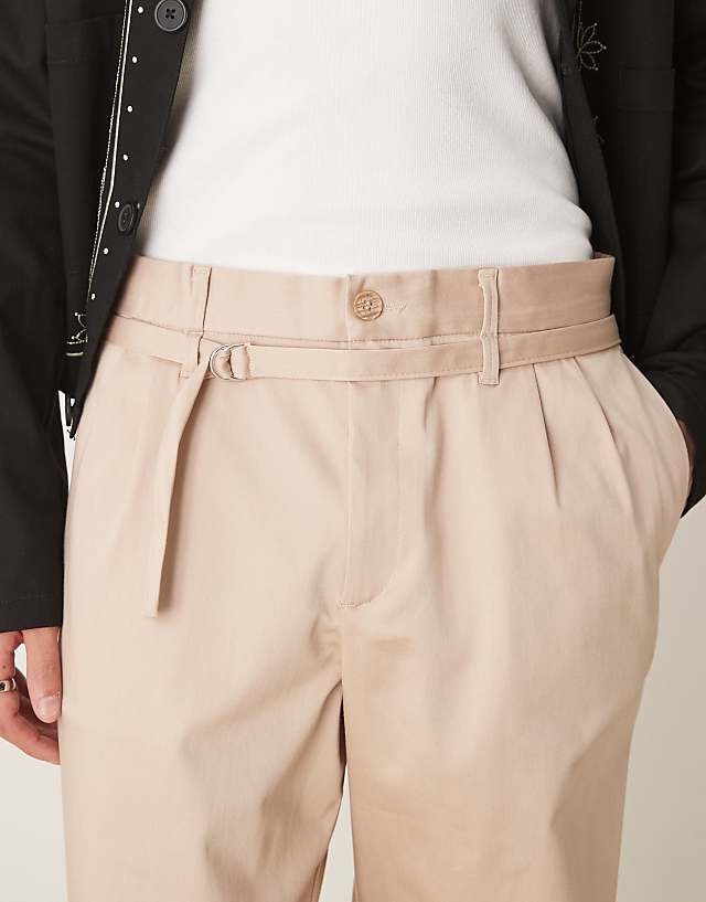 Asos ASOS DESIGN Smart Wide Leg Belted Trousers In Beige