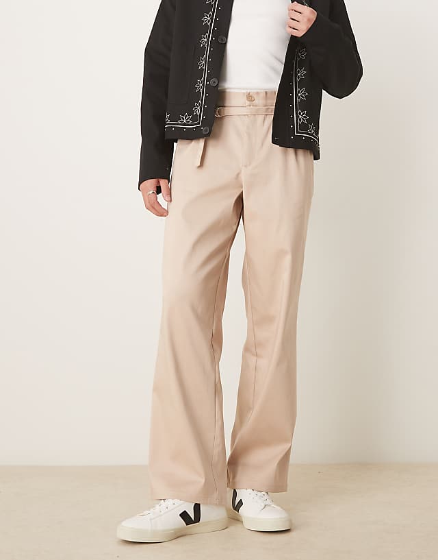 Asos ASOS DESIGN Smart Wide Leg Belted Trousers In Beige