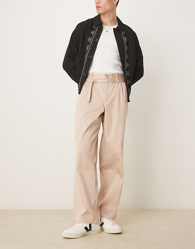 asos ASOS DESIGN smart wide leg belted trousers in beige
