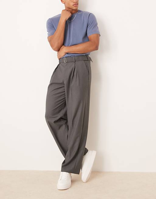 Asos ASOS DESIGN Smart Wide Leg Belted Trousers With Front Pleat In Charcoal