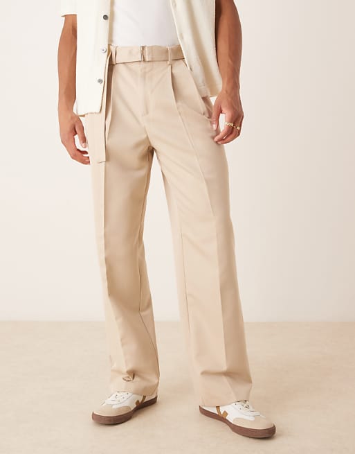 Asos ASOS DESIGN Smart Wide Leg Belted Trousers With Front Pleat In Stone