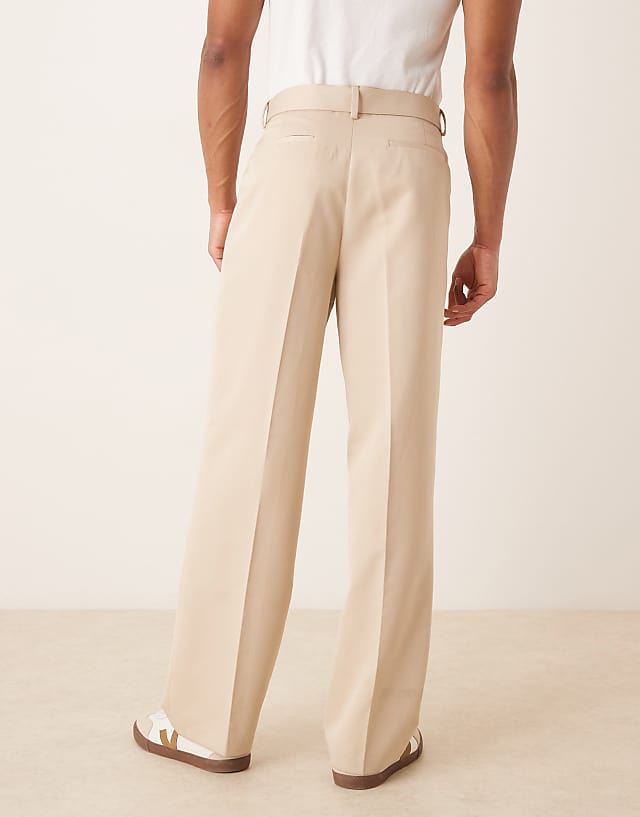 Asos ASOS DESIGN Smart Wide Leg Belted Trousers With Front Pleat In Stone