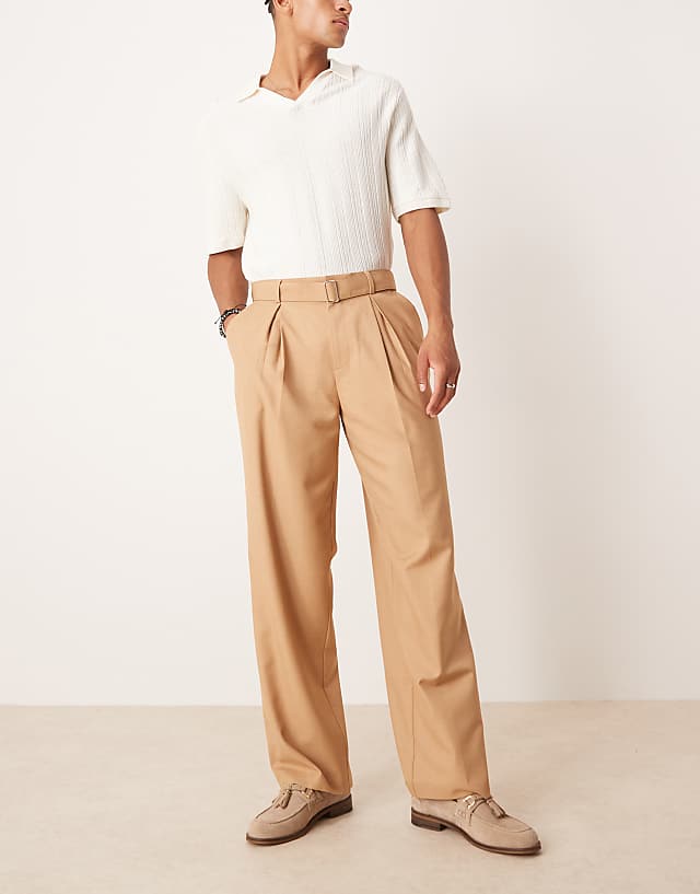 Asos ASOS DESIGN Smart Wide Leg Belted Trousers With Front Pleat In Camel