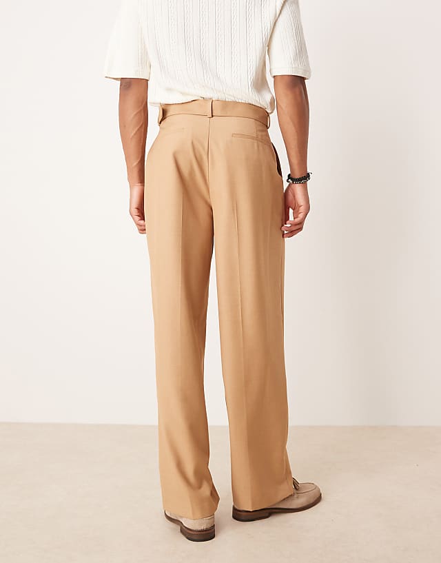 Asos ASOS DESIGN Smart Wide Leg Belted Trousers With Front Pleat In Camel