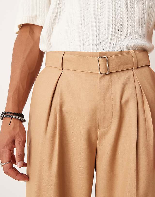 Asos ASOS DESIGN Smart Wide Leg Belted Trousers With Front Pleat In Camel