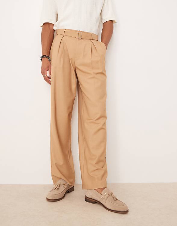 asos ASOS DESIGN smart wide leg belted trousers with front pleat in camel