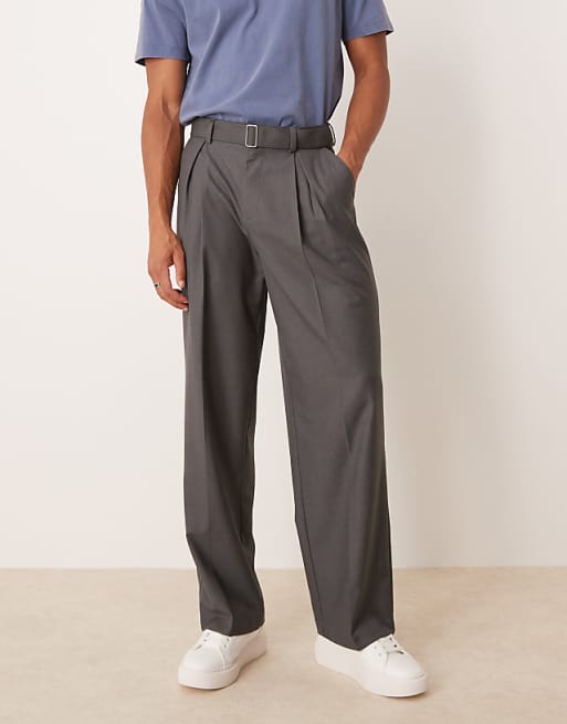 asos ASOS DESIGN smart wide leg belted trousers with front pleat in charcoal