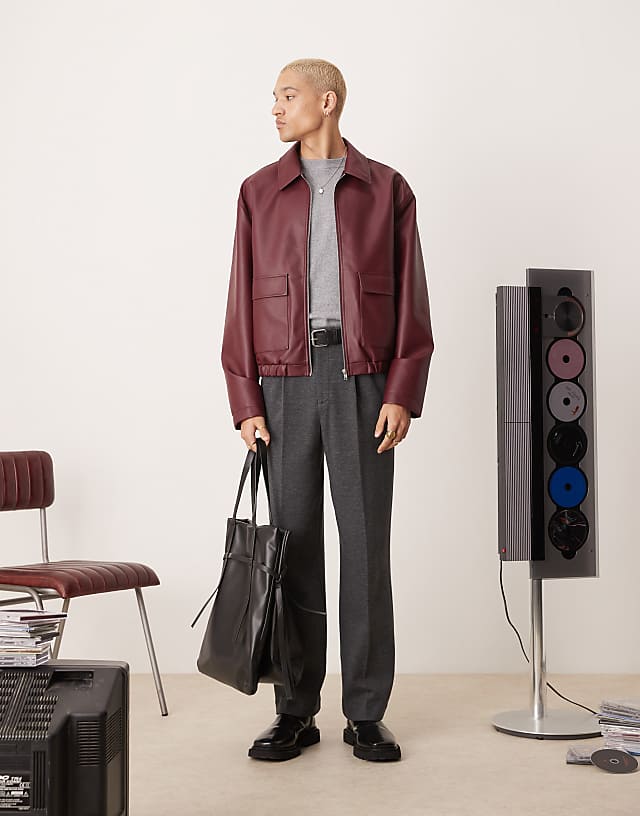 Asos ASOS DESIGN Smart Wide Leg Brushed Texture Trousers With Front Pleats In Charcoal