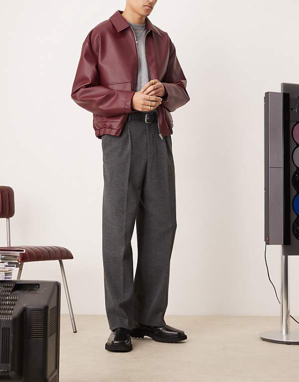 asos ASOS DESIGN smart wide leg brushed texture trousers with front pleats in charcoal
